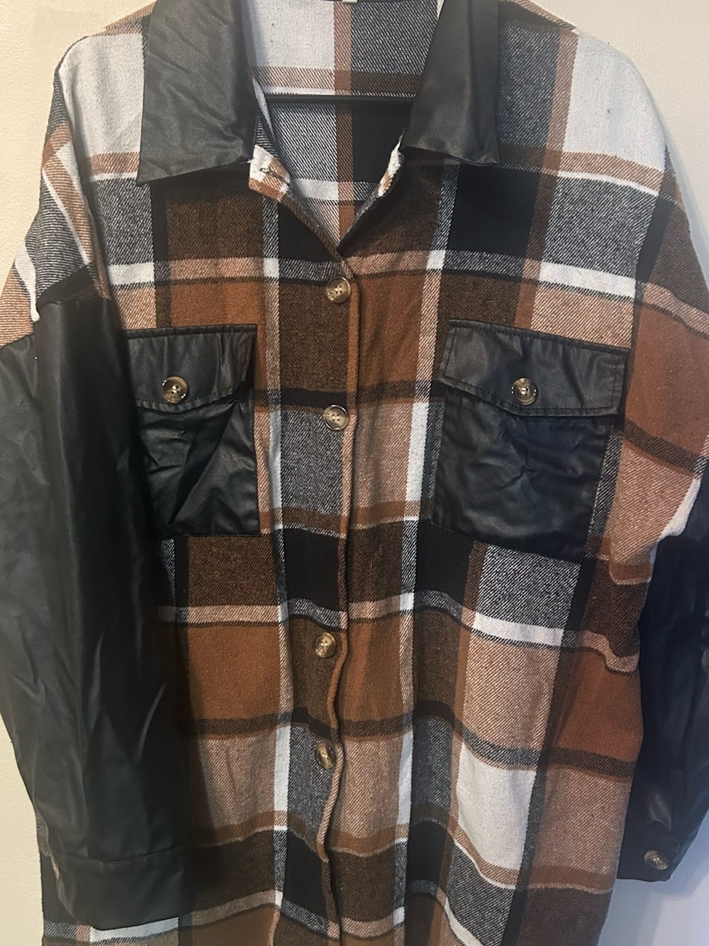 Women's Plaid Shacket with Black Faux-Leather Trim